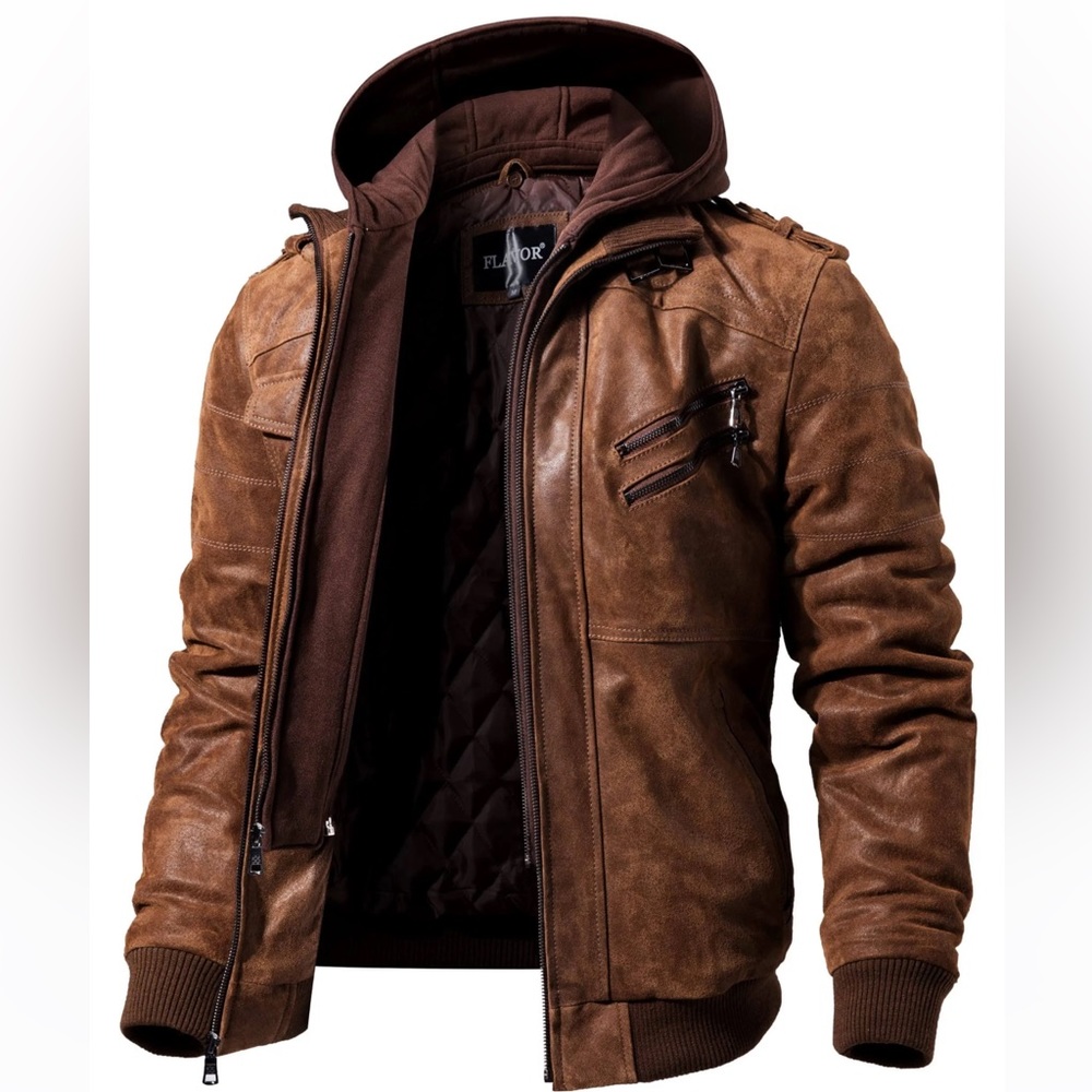 FLAVOR Men Brown Leather Motorcycle Jacket with Removable Hood (Size XXL TALL)